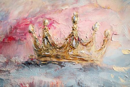 Abstract oil painting on canvas with golden crown, close-up.の素材