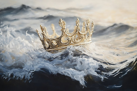 Beautiful golden crown on the sea background. Selective focus.の素材