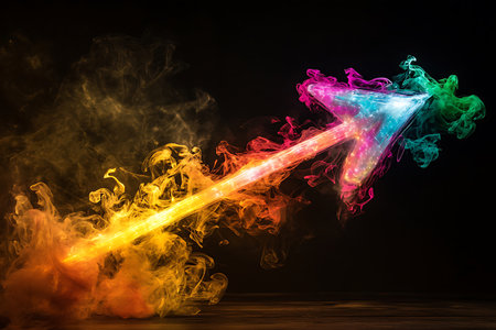 Colorful arrow with smoke on black background. 3d rendering.の素材