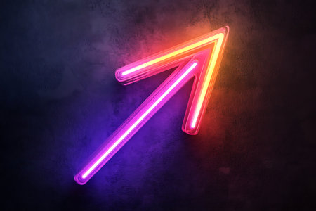 Glowing neon arrow sign on dark concrete background. 3D renderingの素材