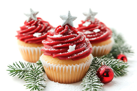Christmas cupcakes with snow and fir tree branch, isolated on whiteの素材