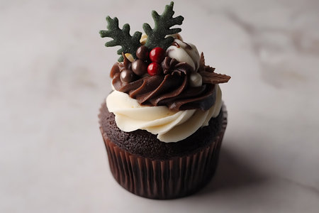 Christmas cupcake with chocolate frosting on a white marble background.の素材