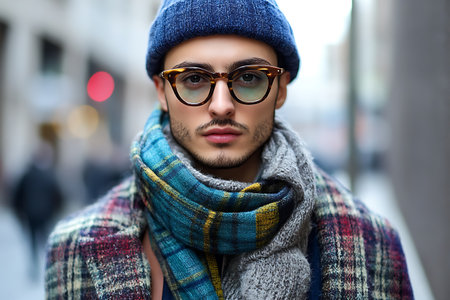 Portrait of a handsome young man in a knitted hat, scarf and glasses.の素材
