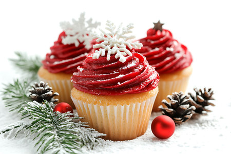 Christmas cupcakes with red frosting, fir branches and decoration on white backgroundの素材
