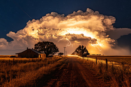 Storm over rural road at night, dramatic sky with clouds and lightningの素材