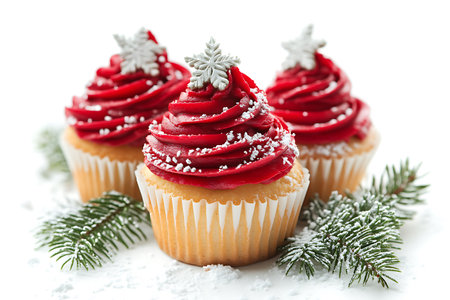 Christmas cupcakes with red frosting and fir tree branch on white backgroundの素材