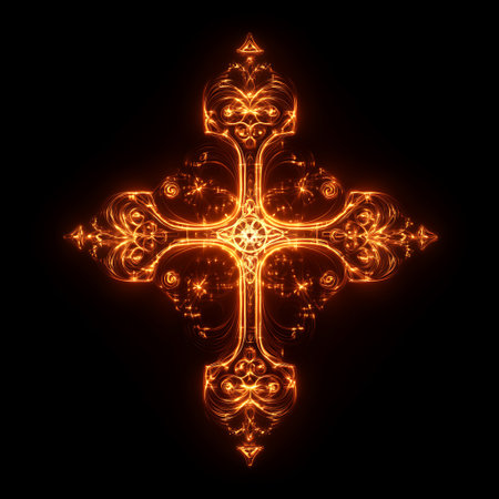 Ornate cross on a black background. Stylized cross.の素材