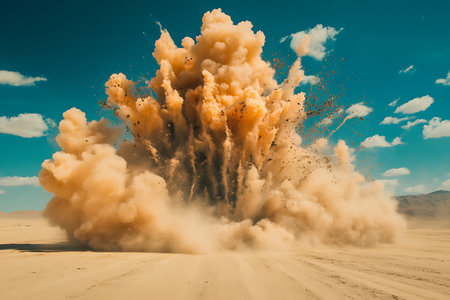 3d illustration of an explosion in the desert with dust and smokeの素材