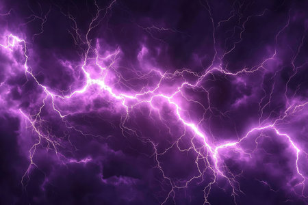Purple lightning in the dark stormy sky, 3D illustrationの素材