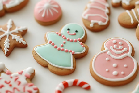 Christmas gingerbread cookies in the form of a snowman on a white backgroundの素材