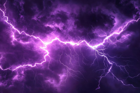 Purple lightning in the dark stormy sky, 3D illustrationの素材