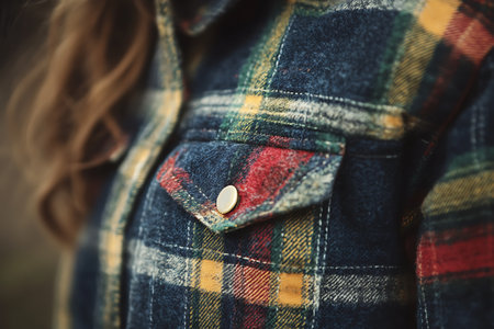 Close-up of a young woman wearing a plaid jacket.の素材