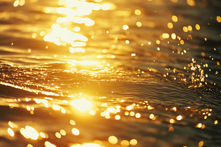 abstract golden bokeh background of water surface with sun raysの素材