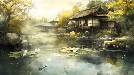 Autumn landscape with bamboo house and pond in traditional Chinese style.の素材