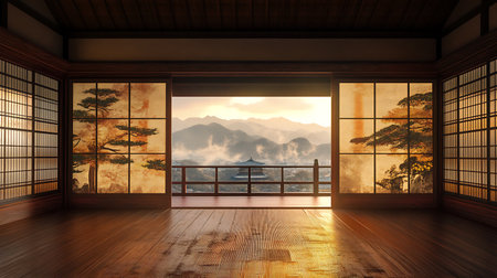 Japanese style room interior with japanese window and mountain view.の素材