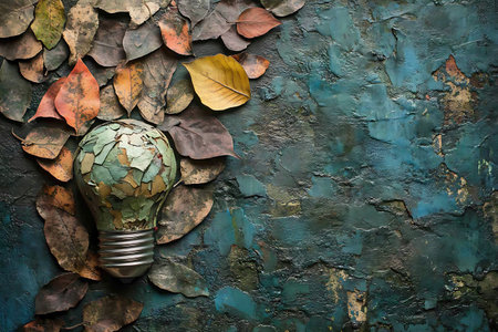 Light bulb and autumn leaves on grunge textured wall background.の素材