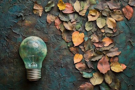 Lightbulb and autumn leaves on grunge textured background.の素材