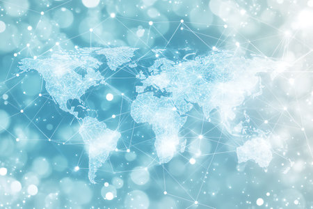 Global network connection on blue bokeh background. Internet and technology concept.の素材
