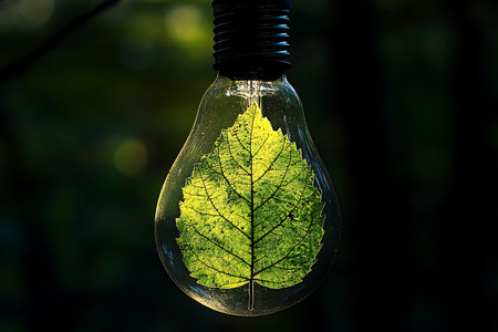 Green leaf inside of a light bulb. Concept of environmental conservation.の素材
