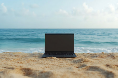 Laptop with blank screen on sandy beach with sea and sky backgroundの素材