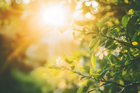 Blossoming branch of apple tree with green leaves and white flowers in sunlightの素材