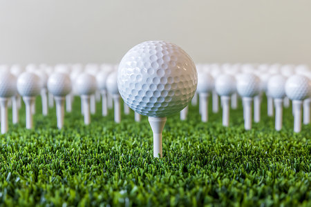 Golf ball on green grass ready to play. Golf ball on teeの素材