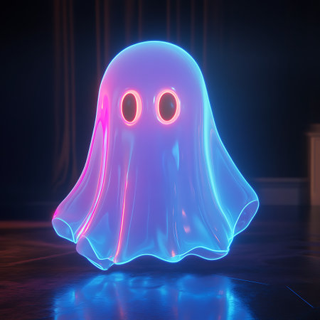 Halloween ghost in neon light. 3D rendering. Computer digital drawing.の素材
