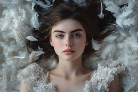 Portrait of a beautiful young woman in white dress with feathers.の素材