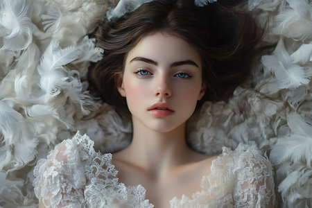 Portrait of a beautiful girl in a white lace dress lying on the bed.の素材