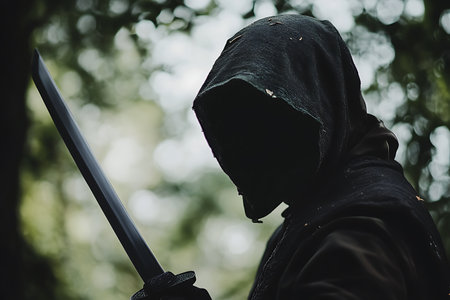 Portrait of a medieval knight with a sword in the forest.の素材