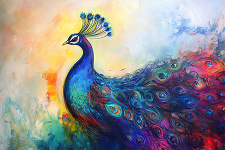 Peacock painting. Colorful peacock on colorful background.の素材
