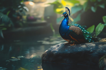 Beautiful peacock standing on a rock and looking at the cameraの素材