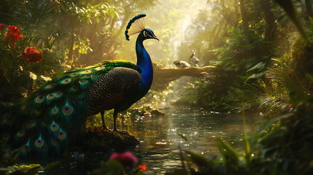 Peacock in the garden at sunset. Colorful peacockの素材