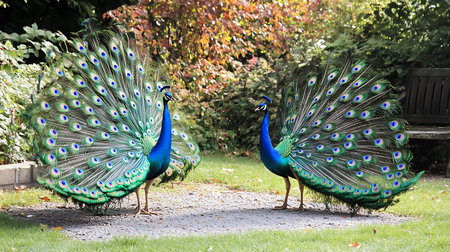 Peacock with feathers out in a park in the fall.の素材