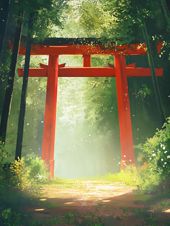red torii gate in a fantasy forest - 3d render illustrationの素材
