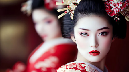Portrait of a beautiful geisha in red kimono.の素材