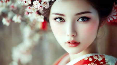 Beautiful asian woman with cherry blossom in the garden.の素材