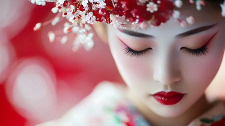 Beautiful asian woman in kimono with sakura flowersの素材
