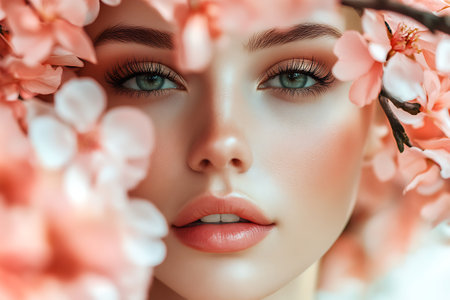 beautiful young woman with cherry blossom flowers, face closeupの素材