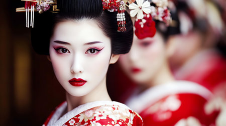 Beautiful geisha in traditional kimono, closeup portraitの素材