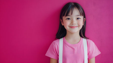 Happy girl pink background studio portrait (1)の素材