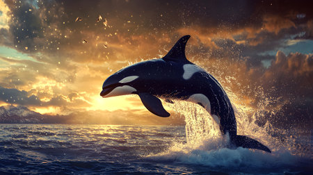 Orca leaping sunset ocean mountains wildlifeの素材