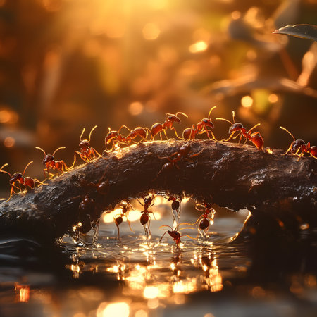 Ants bridging stream, sunset forest, teamwork, natureの素材