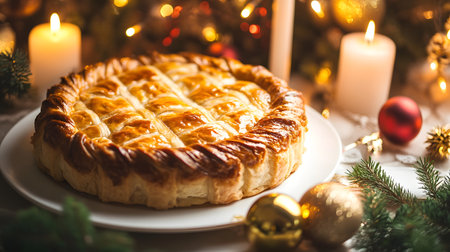 Festive Galette, Christmas table, candles, lightsの素材