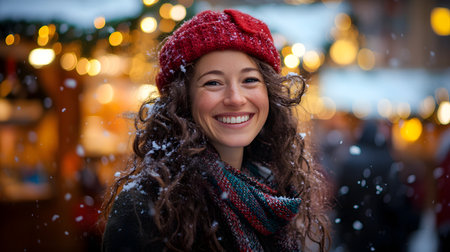 Happy woman, snowy Christmas market, winter joyの素材
