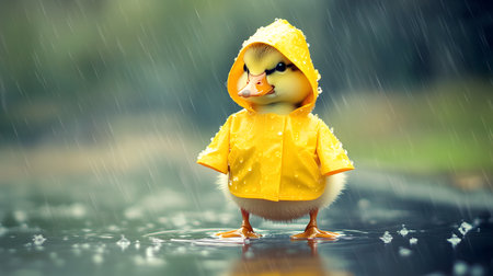 Duckling in raincoat, rain puddle, park, weatherの素材