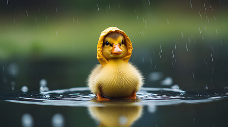 Duckling rain hat pond water droplets natureの素材