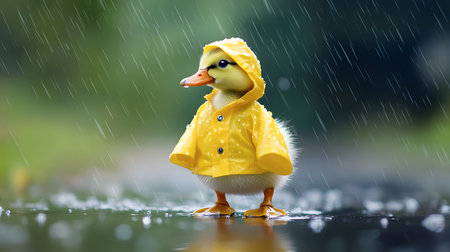 Duckling, raincoat, rain, puddle, outdoor, nature, cute, yellow, spring, photographyの素材