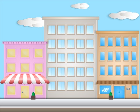 City with cartoon houses and shops. Flat styleのイラスト素材