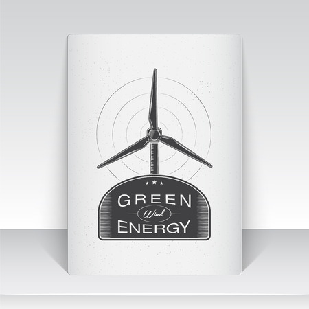 Windmills for energy. Sustainable ecological electrical power generator powered by wind natural energy source. Old school of vintage label. Sheet of white paper. Monochrome typographic labels, stickers, logos and badges. Flat vector illustrationのイラスト素材